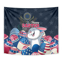 Blue Happy Easter tapestry featuring a smiling white bunny surrounded by USA eggs