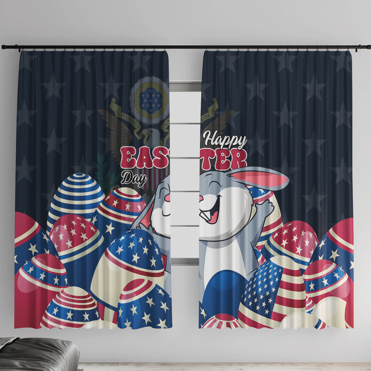 Blue Easter window curtain panels with bunny, patriotic eggs, and “Happy Easter” text