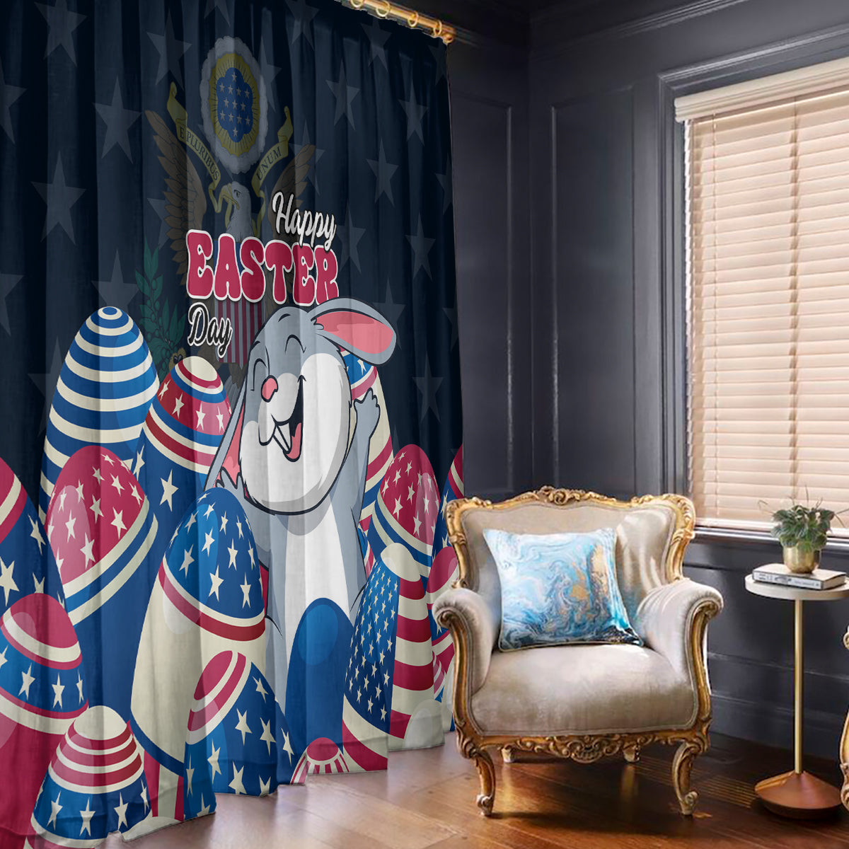 Blue Easter window curtain panel with cartoon bunny and patriotic eggs for window decor