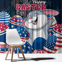 Blue Easter curtain panel close-up with rabbit illustration and “Happy Easter” lettering