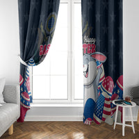 Blue Easter window curtain pair with bunny graphic, patriotic eggs, and “Happy Easter”