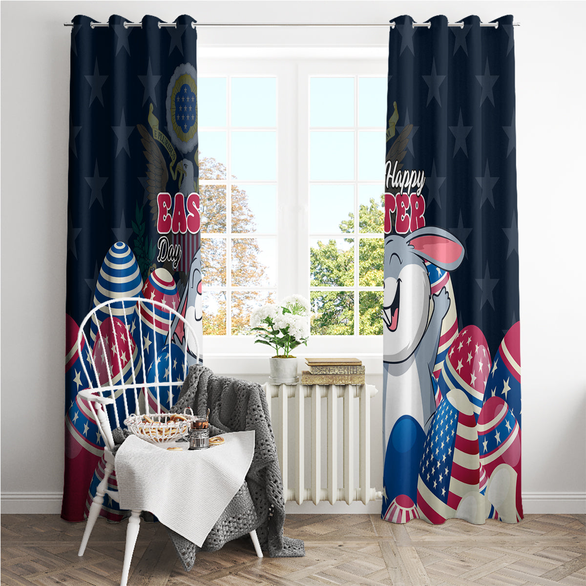 Blue Easter window curtain panels with bunny face, “Happy Easter” text, and patriotic eggs