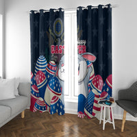 Blue Easter curtain panels with bunny print and colorful patriotic eggs on a window