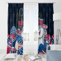 Blue Easter window curtains with cartoon bunny, stars, and patriotic egg designs