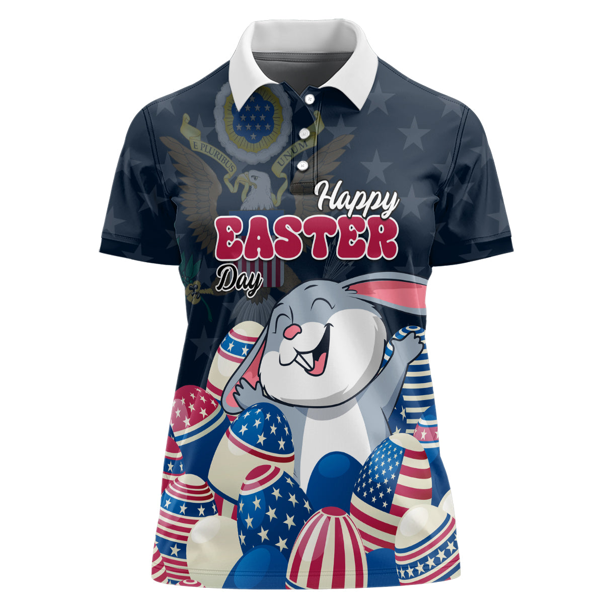 American Easter Day 2024 Women Polo Shirt Bunny With US Easter Eggs