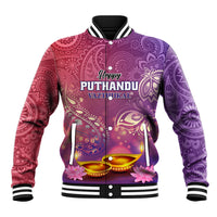 Unisex purple-and-maroon graphic baseball jacket, button-front, ribbed collar and cuffs