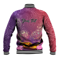Unisex purple-and-maroon graphic baseball jacket, striped ribbed collar, ribbed cuffs