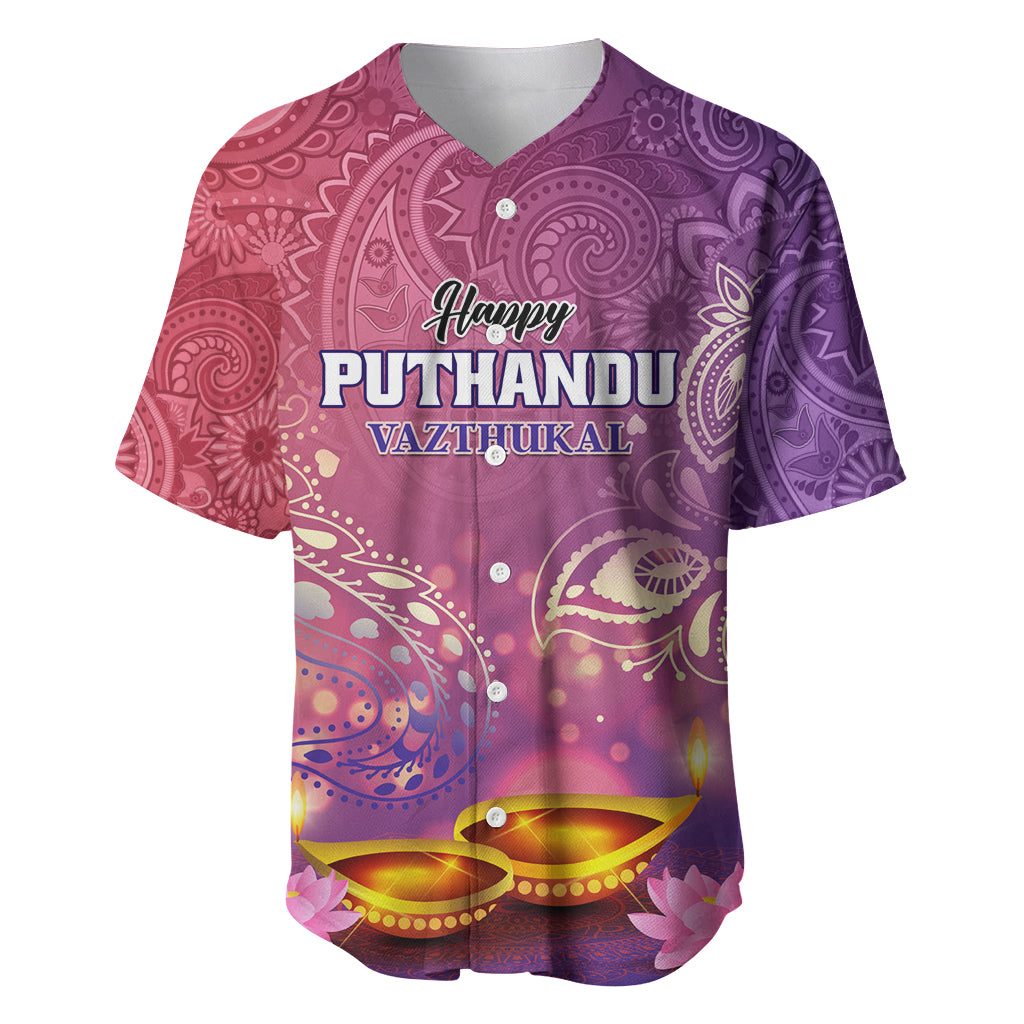Purple paisley baseball jersey with button front and Happy Puthandu Vazhthukal print