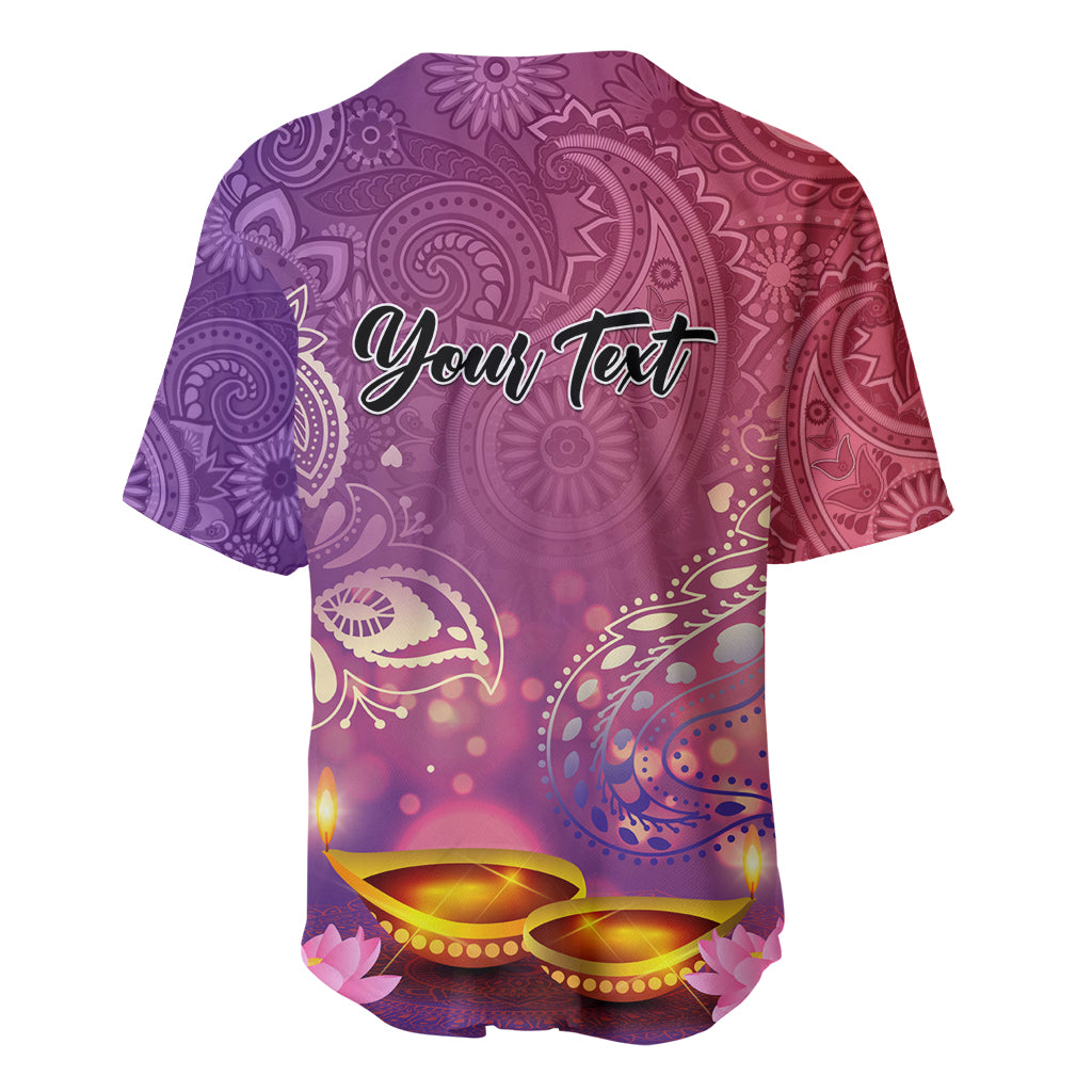 Purple paisley baseball jersey back with Your Text graphic and festive lamps