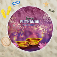 Purple round beach blanket with fringe edge, 'Happy Puthandu Vazthukal' and candle
