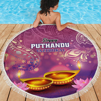Purple round beach blanket with fringe edge, 'Happy Puthandu Vazthukal' and diya candles