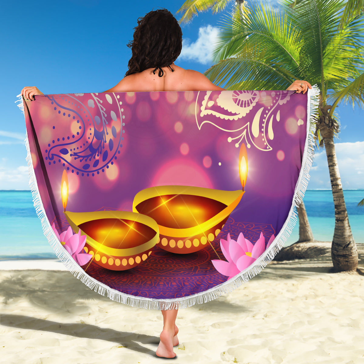 Purple round beach blanket with fringe edge, 'Happy Puthandu Vazthukal' and lotus candles