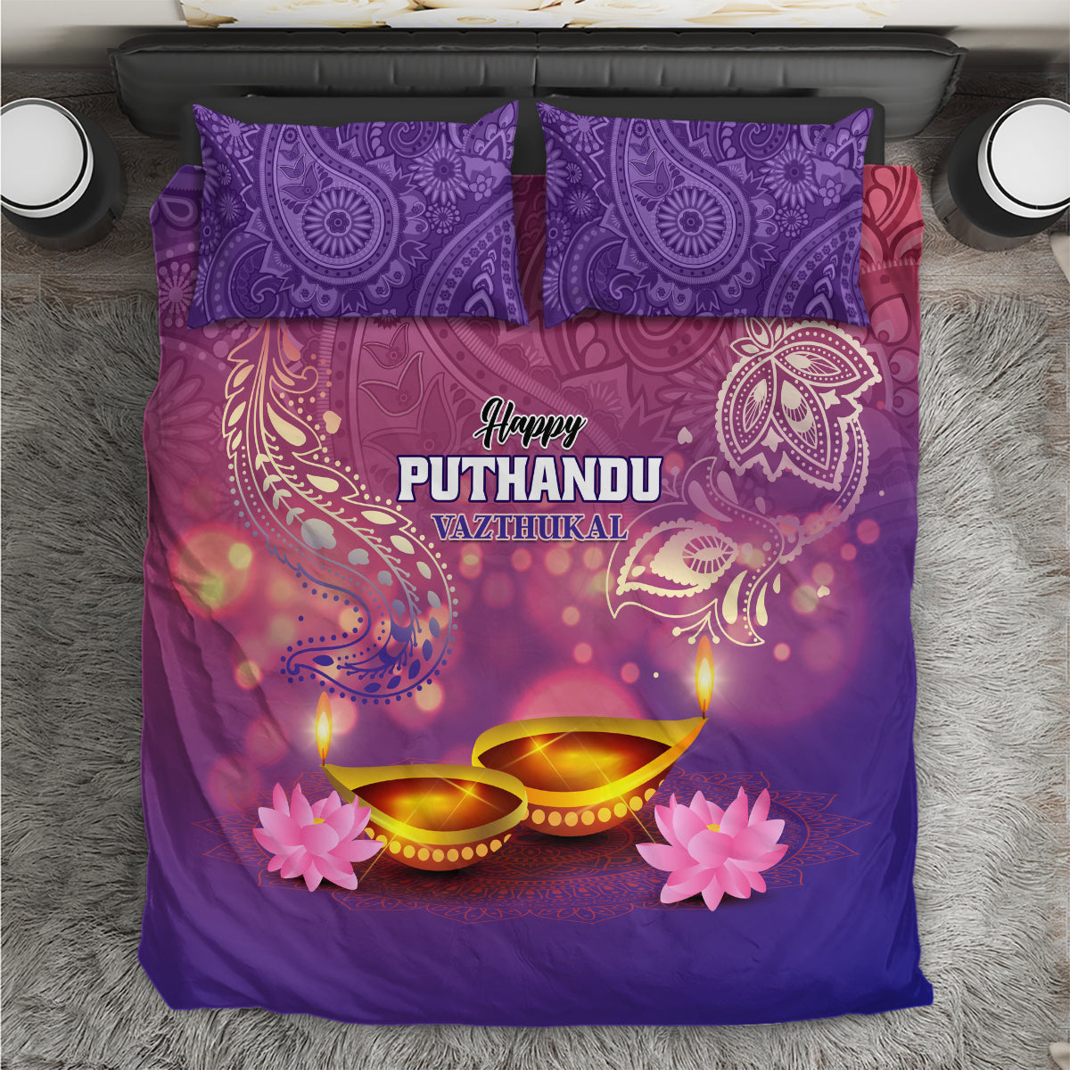 Purple bedding set with two patterned pillowcases, festive 'Happy Puthandu' print