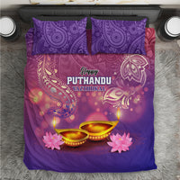 Purple bedding set with two patterned pillowcases, festive 'Happy Puthandu' print