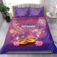 Purple bedding set on bed with two pillowcases and 'Happy Puthandu Vazhuthukal' design
