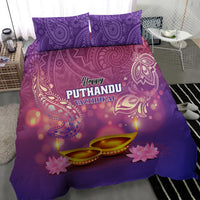Purple bedding set with two pillowcases showing decorative lamps, lotus flowers, and text