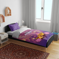 Purple bedding set with duvet and two pillowcases, festive lamps and 'Happy Puthandu' text