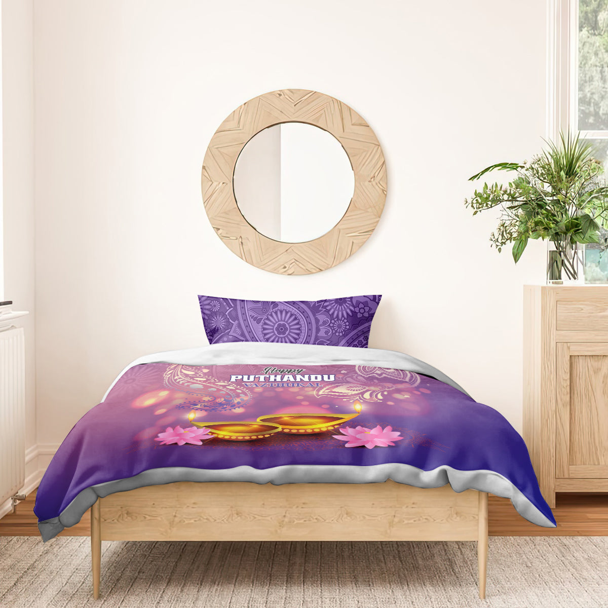 Purple bedding set with duvet and pillowcases, diya-and-lotus festival print