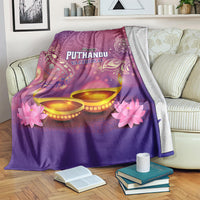 Purple Happy Puthandu printed blanket with diya lamps and pink flower accents