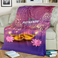 Purple Happy Puthandu blanket with paisley designs, diya lamps, and pink flower details