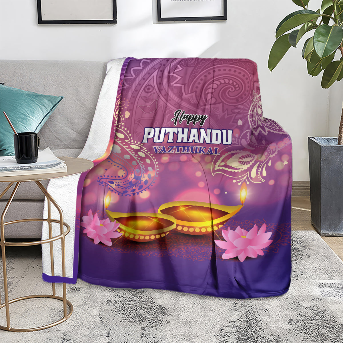 Purple Happy Puthandu blanket, diya lamps and pink flower applique-like accents