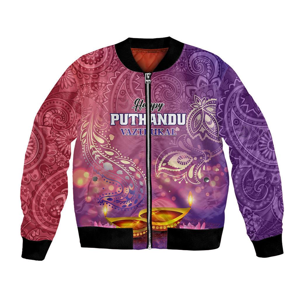 Unisex purple bomber jacket with full-zip front, ribbed cuffs, and festive floral paisley print