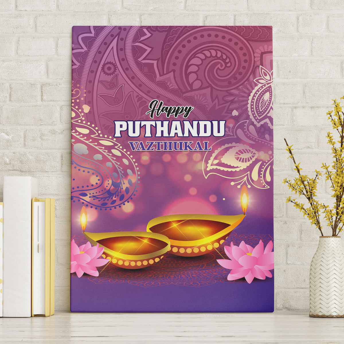 Purple canvas wall art: Happy PUTHANDU VAZHTHUKAL text, diyas, paisley and pink flowers