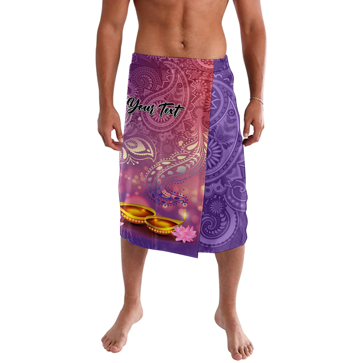 Purple and pink paisley sarong with elastic waistband and text placeholder