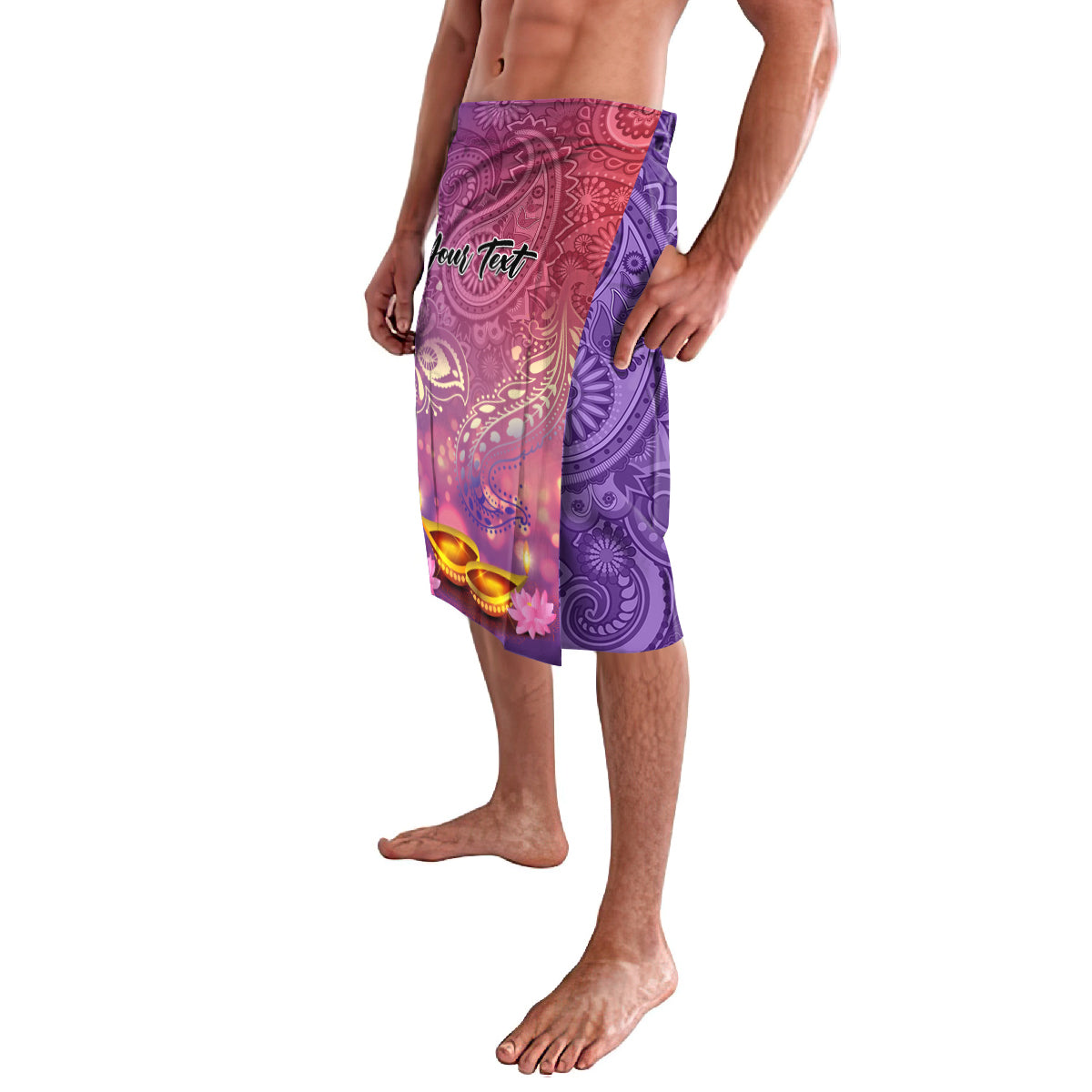 Purple and pink patterned sarong with elastic waistband, side view