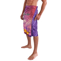 Purple and pink patterned sarong with elastic waistband, side view