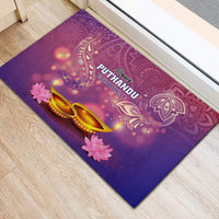 Purple rubber doormat featuring 'Happy Puthandu' lettering, golden lamps and paisley motifs