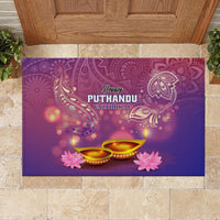 Purple rubber doormat with Happy Puthandu Vazthukal text, golden lamps and ornate mandala