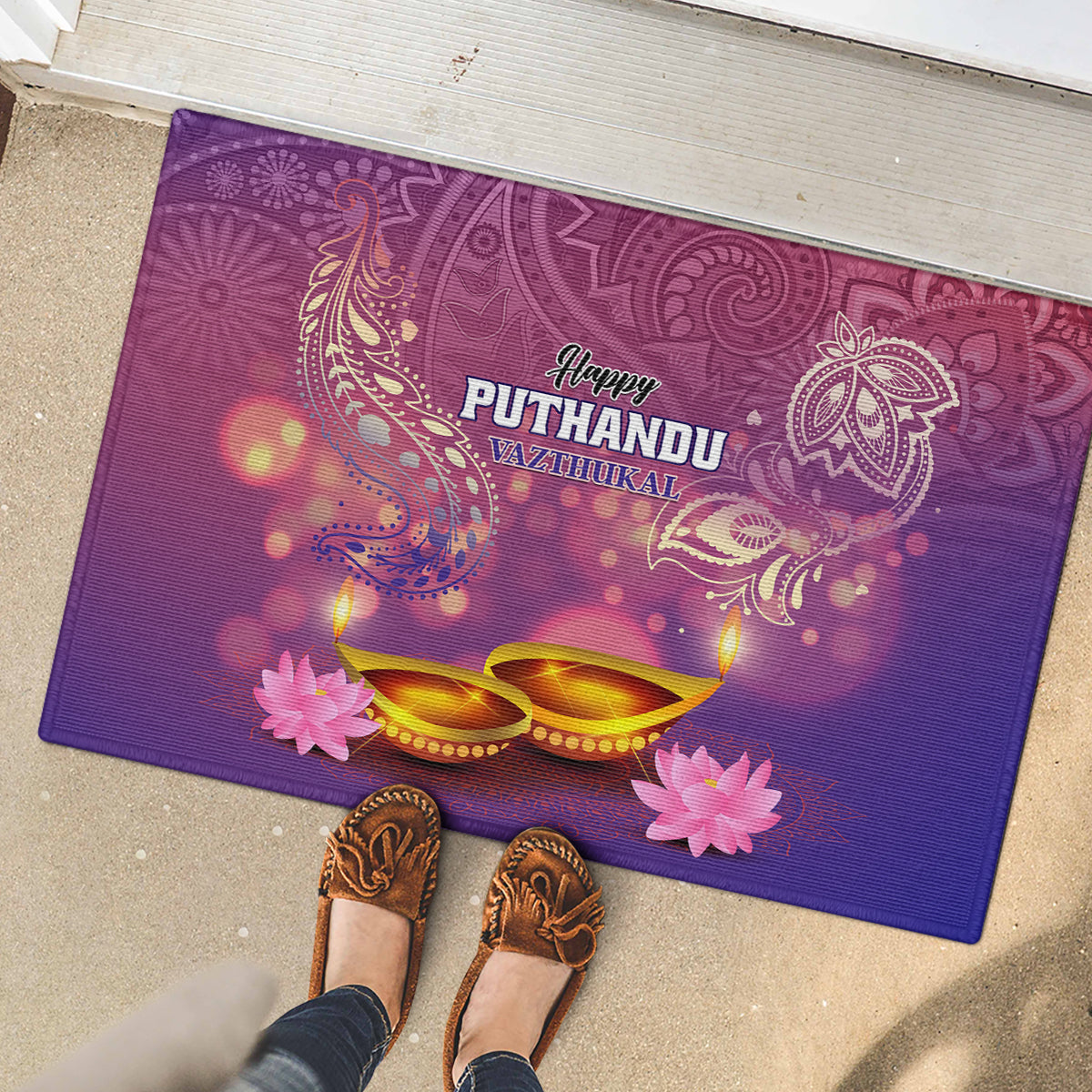 Purple rubber doormat with festive 'Happy Puthandu' print, golden diyas and pink flowers