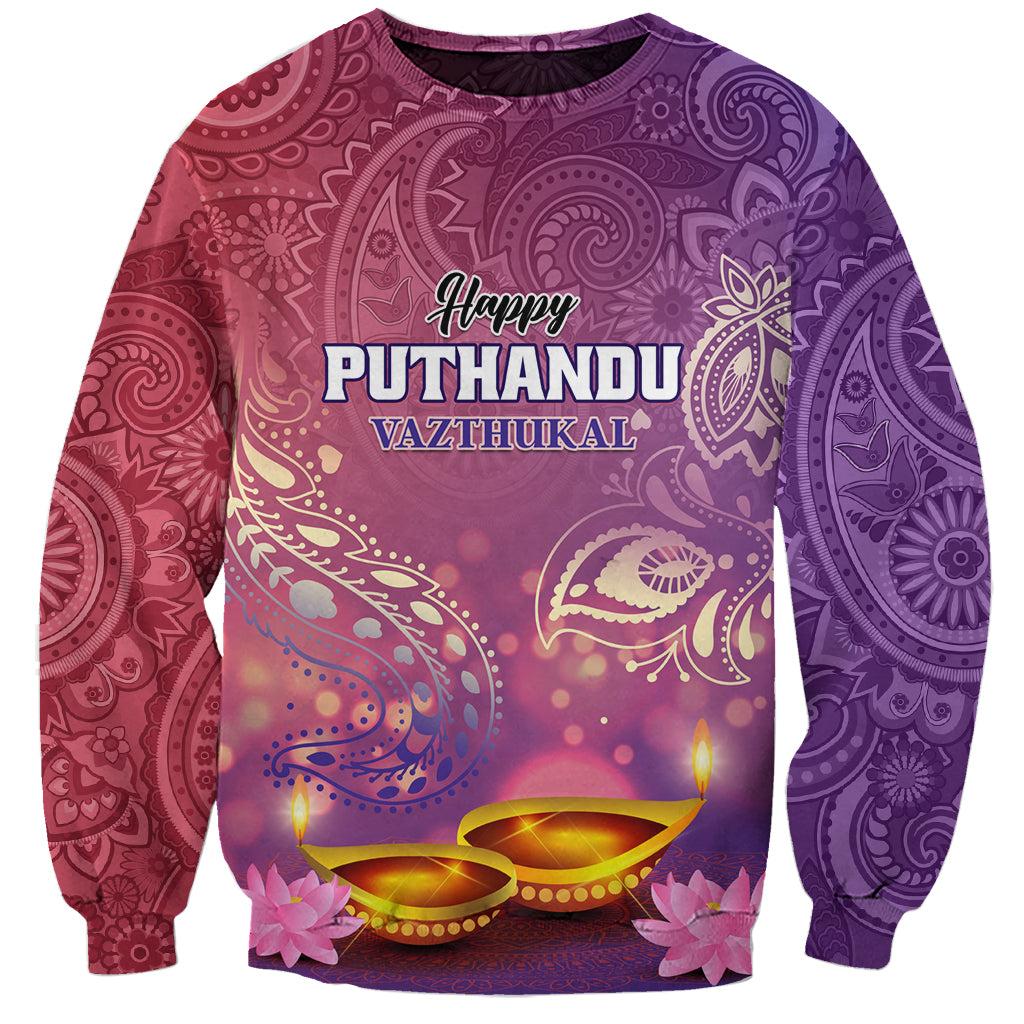 Unisex purple paisley graphic sweatshirt with Happy Puthandu Vazthukal text