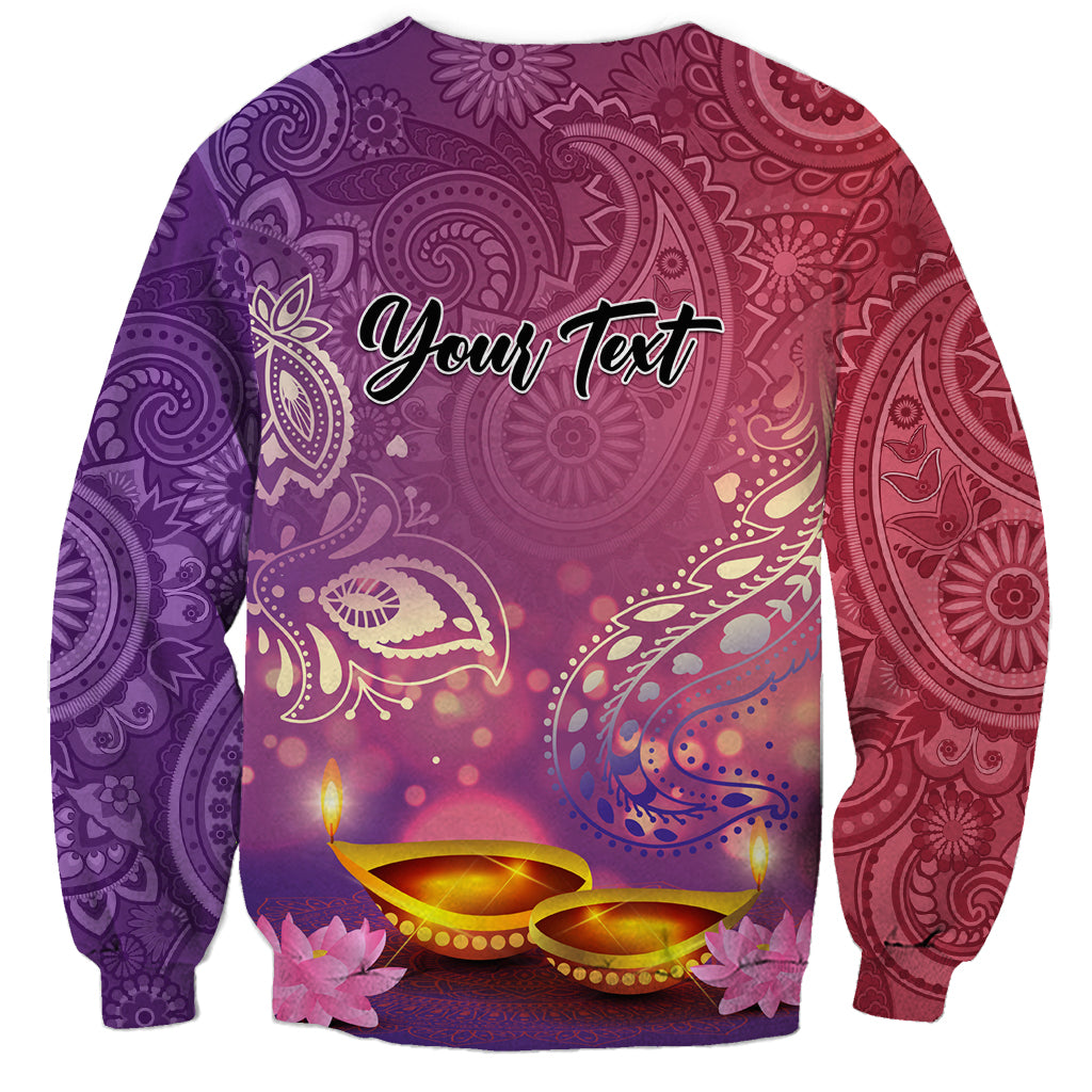 Unisex purple paisley sweatshirt with your text and diya candle graphic