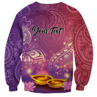 Unisex purple paisley sweatshirt with your text and diya candle graphic