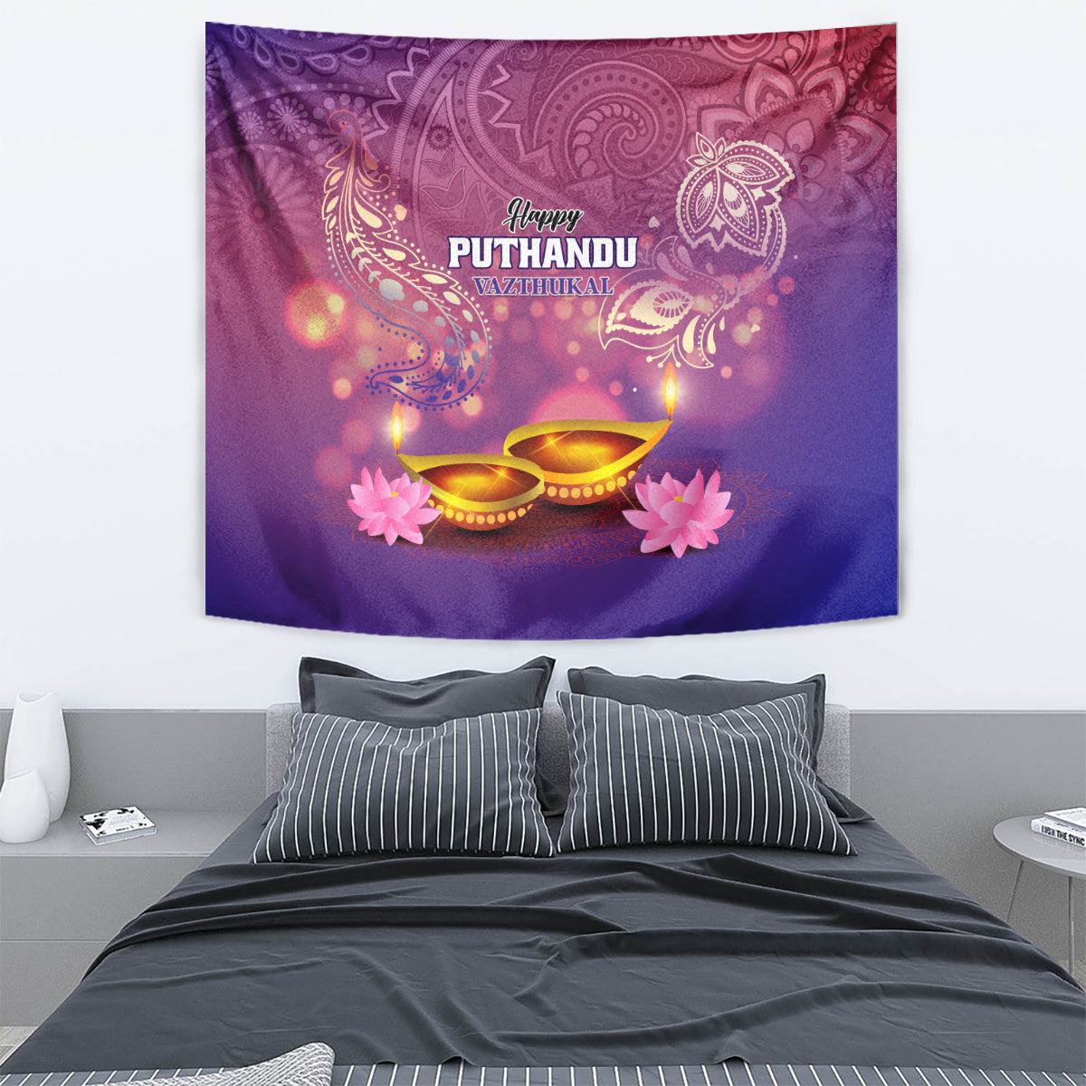Purple tapestry with 'Happy PUTHANDU' and diyas, paisley design, and pink flower accents