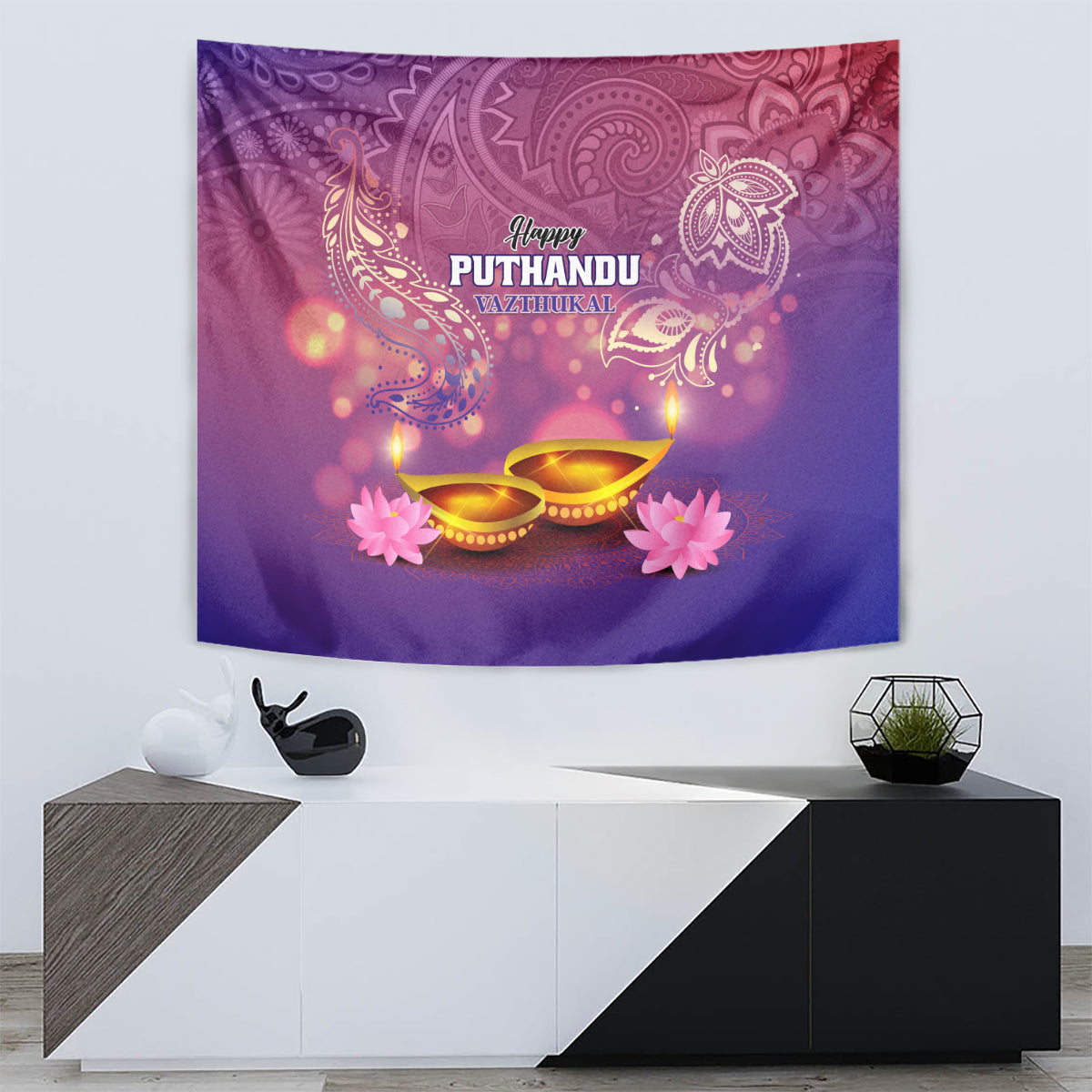Purple New Year tapestry with 'Happy PUTHANDU' text, glowing diyas, and pink floral details