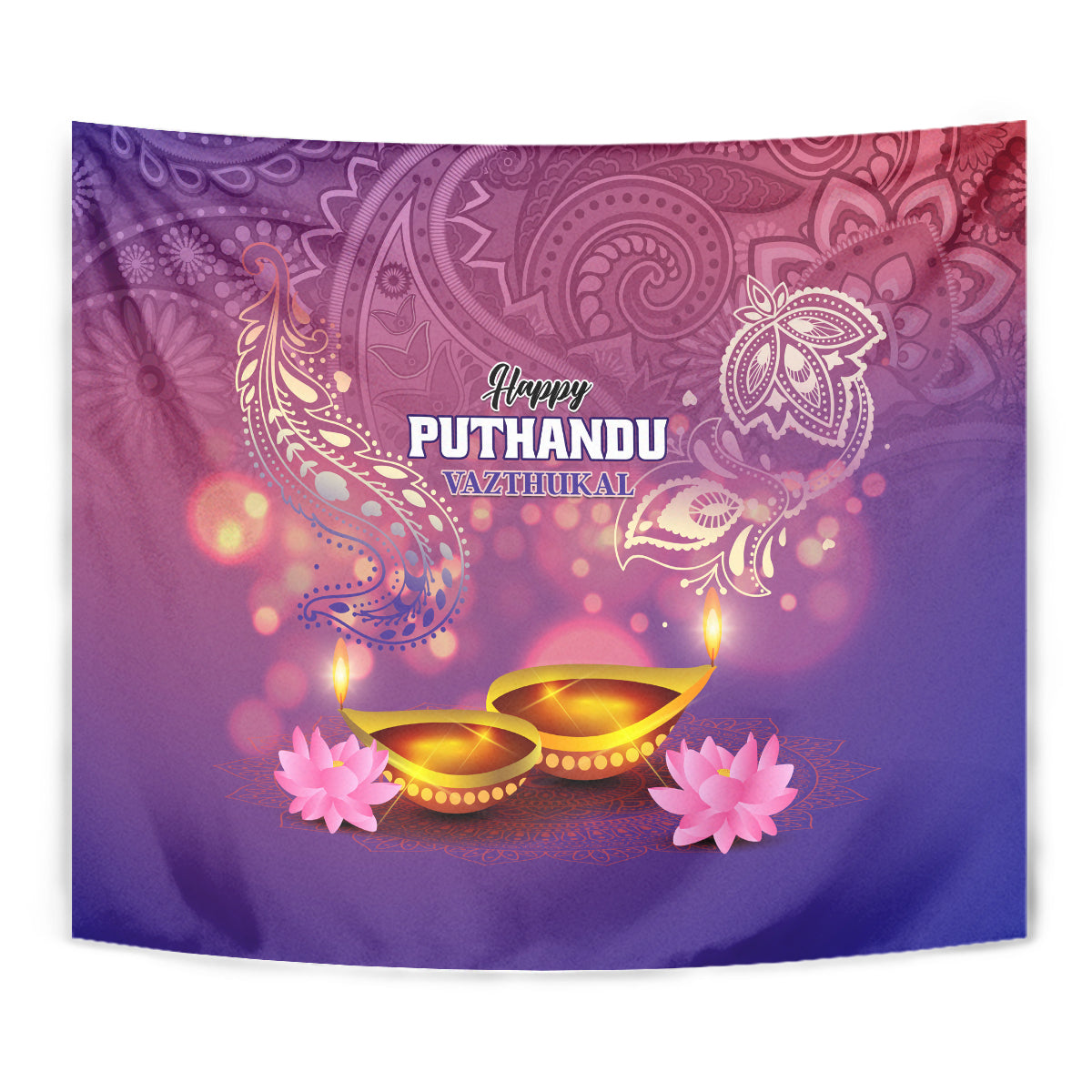 Purple New Year tapestry close-up: 'Happy PUTHANDU VAZHTHUKAL' and glowing diyas