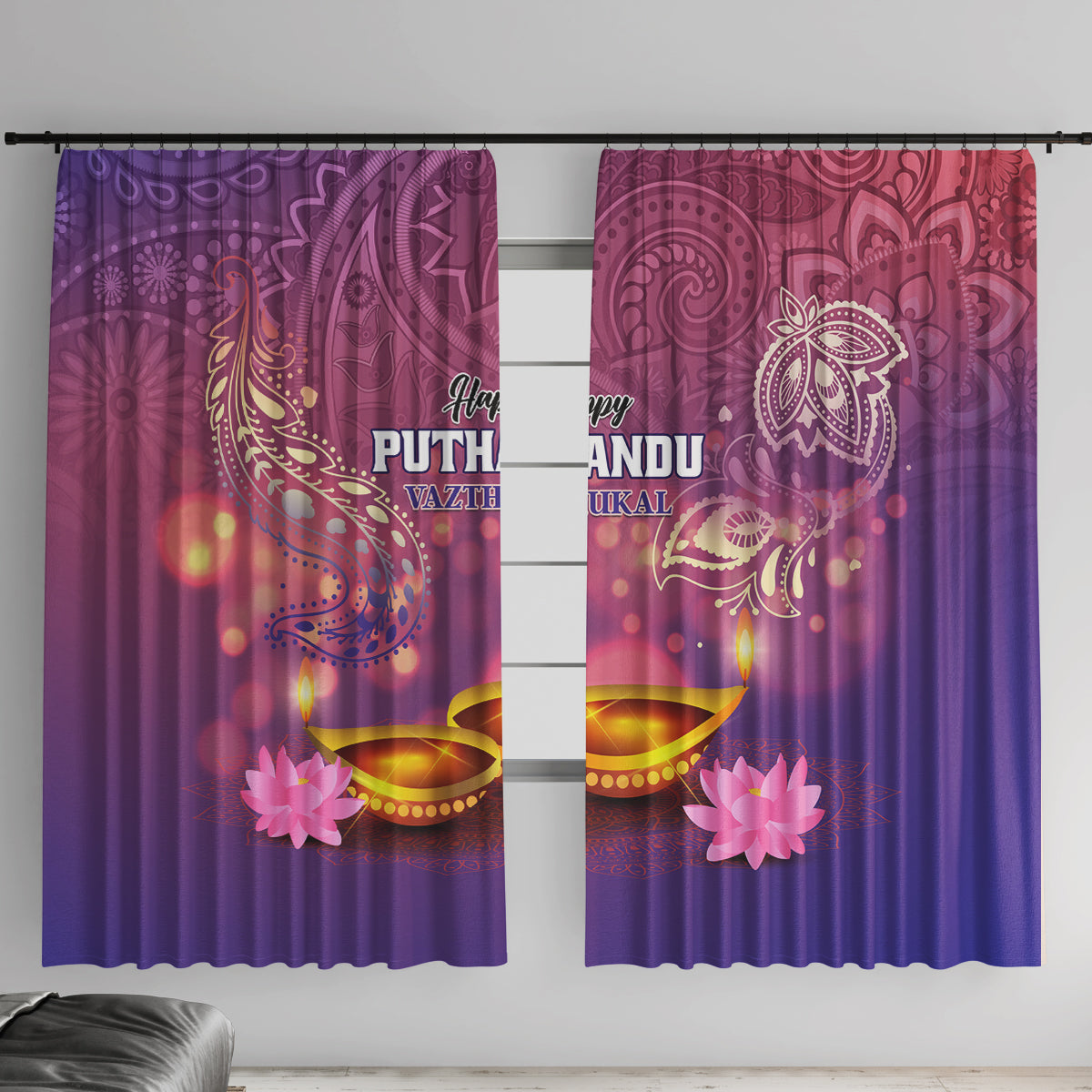 Purple Happy Puthandu window curtain panels with floral and diya-style lantern print