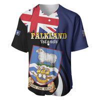Personalized baseball jersey with Falkland Islands crest and text, short-sleeve blue/black