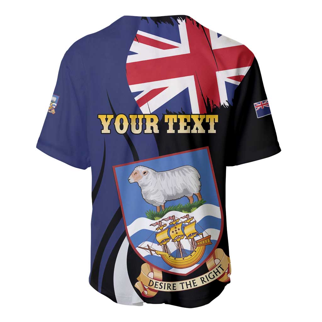 Personalized baseball jersey with Your Text and Falkland crest, short-sleeve blue/black