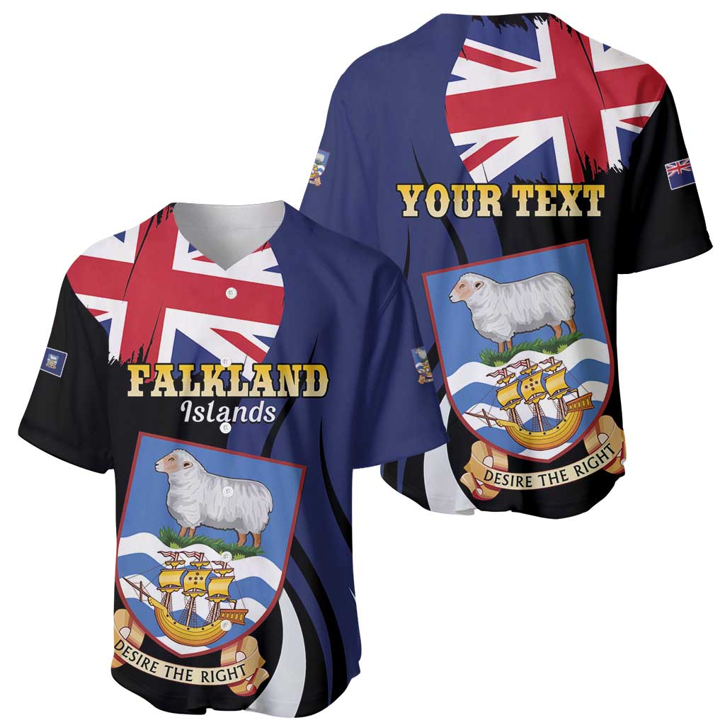 Two personalized baseball jerseys, Falkland crest front and back, blue/black