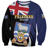 Unisex blue sweatshirt with Falkland Islands crest and sheep graphic, full front print