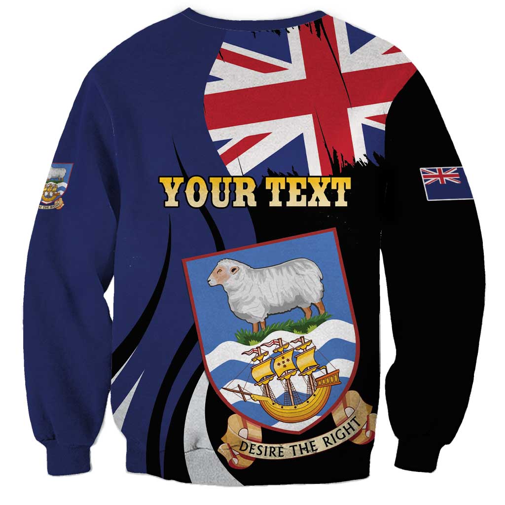 Unisex blue sweatshirt with 'YOUR TEXT' and Falkland crest sheep graphic, back view