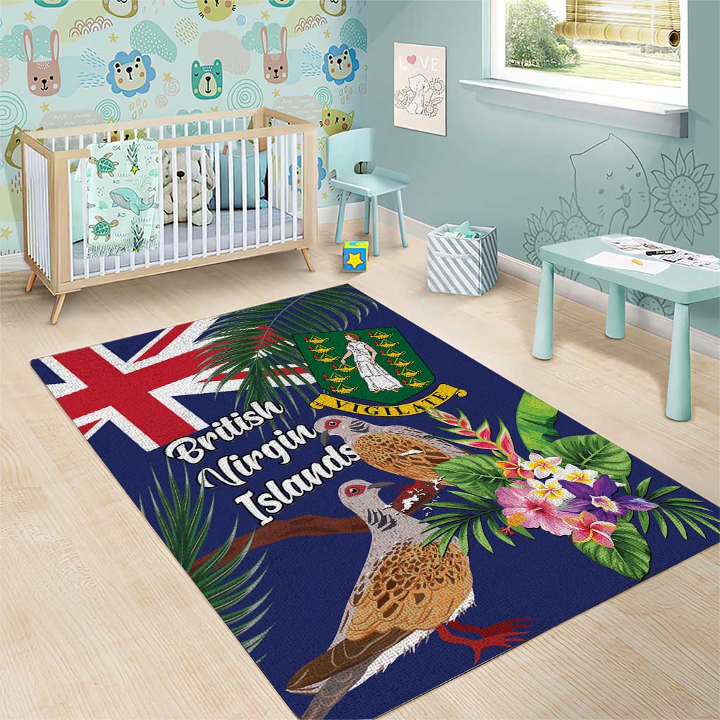 Blue tropical birds and floral area rug with Union Jack flag and leaves