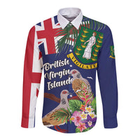 Blue long-sleeve button shirt with collar, Union Jack and tropical bird graphic.