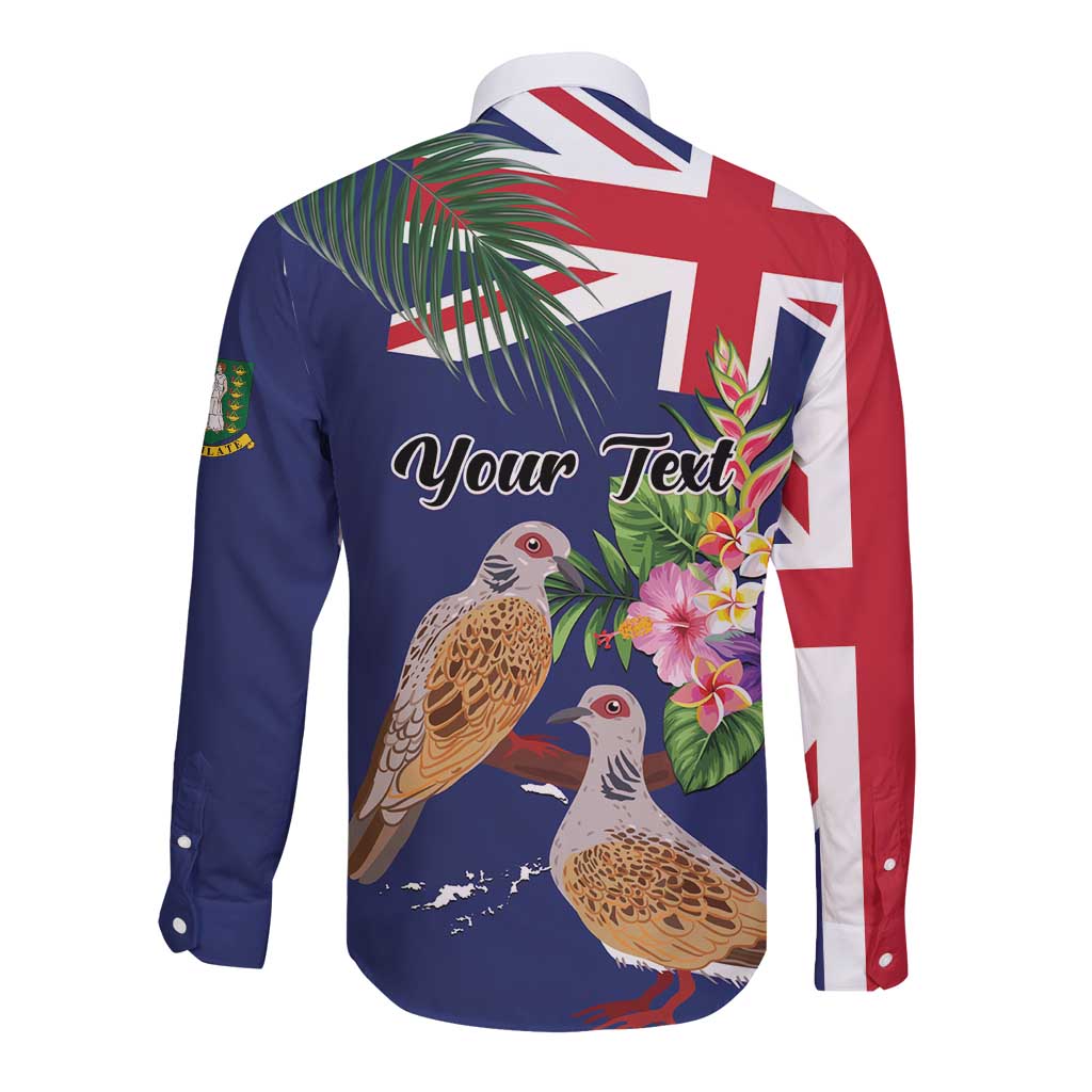 Blue long-sleeve button shirt with collar, Union Jack back graphic and birds with flowers.