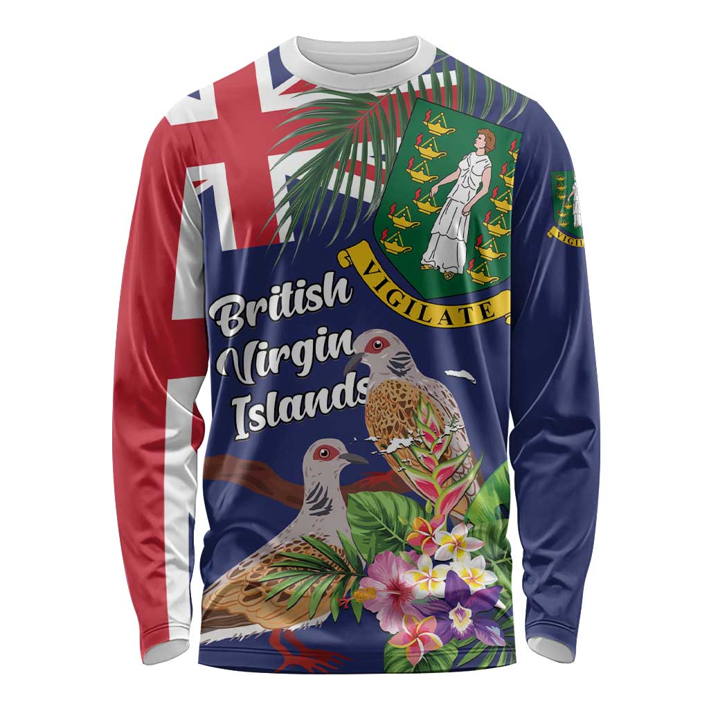 Personalised British Virgin Islands Long Sleeve Shirt Two Turtle Doves Tropical Flowers