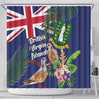 Blue shower curtain featuring Union Jack, two turtle doves, and tropical blossoms